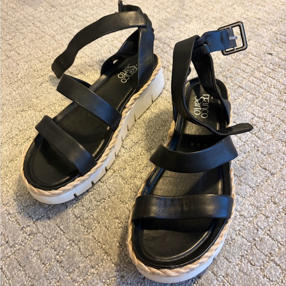 “Franco Sarto” L-JacksonBlack Platform Espadrille Sandals with Natural Rope Trim